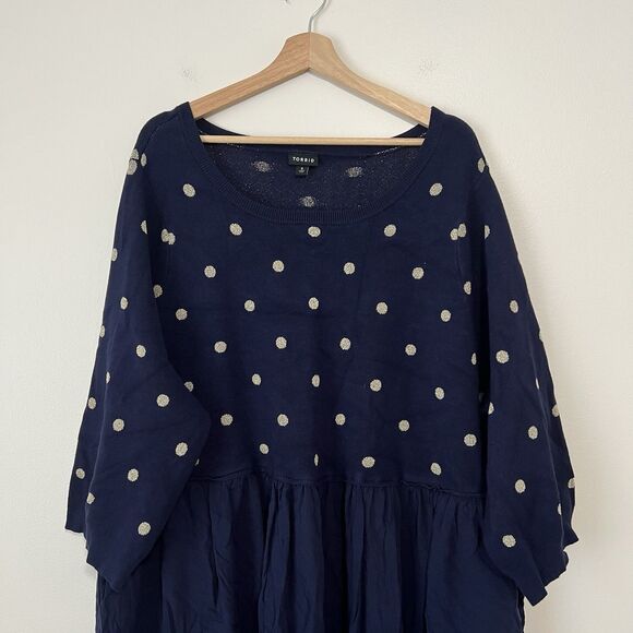 Torrid Polka Dot Babydoll Sweater Mini Dress Plus Size 6X Navy Blue Gold - Picture 3 of 10